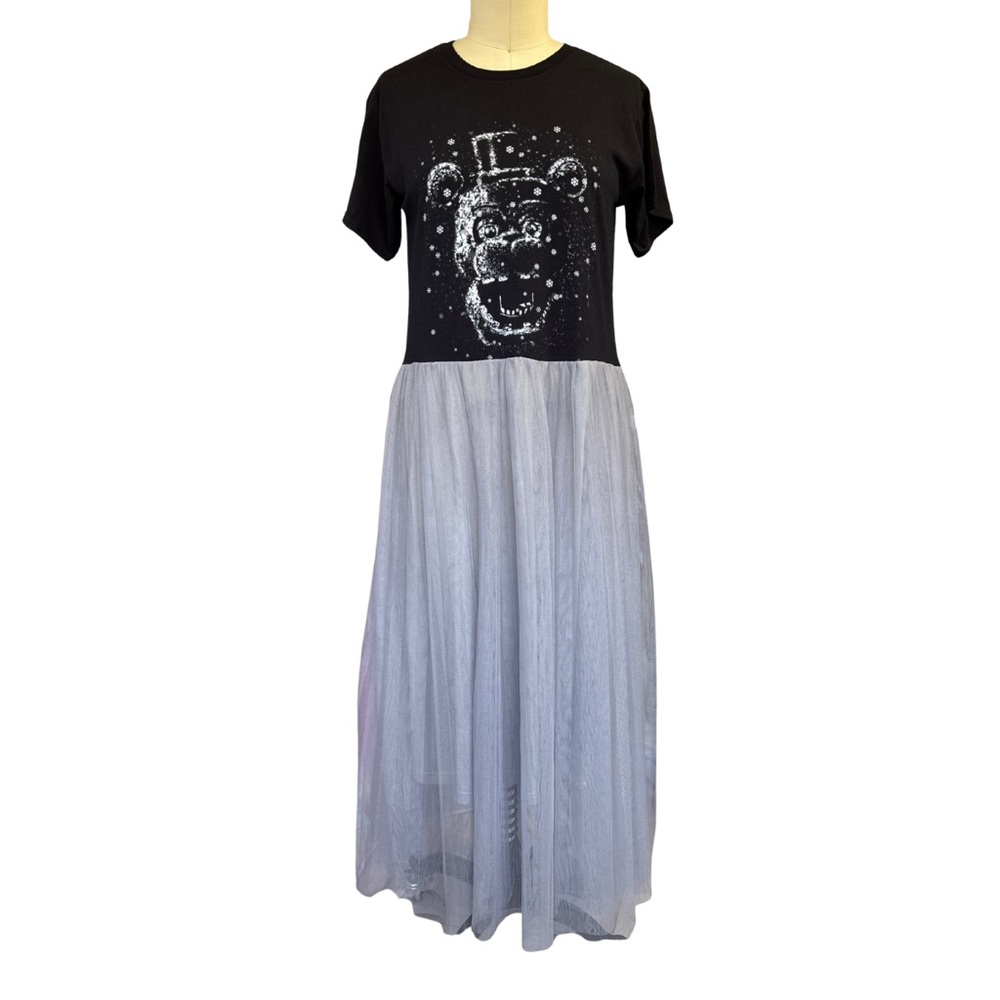 Upcycled by Me: Goth Five Nights At Freddy’s Fun Black Gray Maxi Tulle T Dress